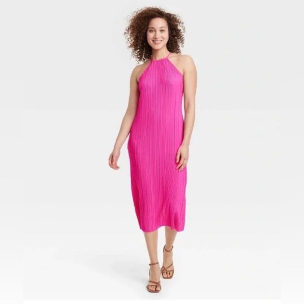 A New Day Hot Pink pleated Halter Dress size L shift dress tie neck midi length